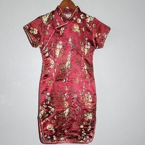 Elegant and Burgandy Gold Floral Cheongsam Dress Kids 16